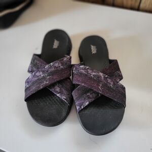 Skechers Goga Max Womens11 Slip On Sandals Floral Butterfly Black Straps Comfort